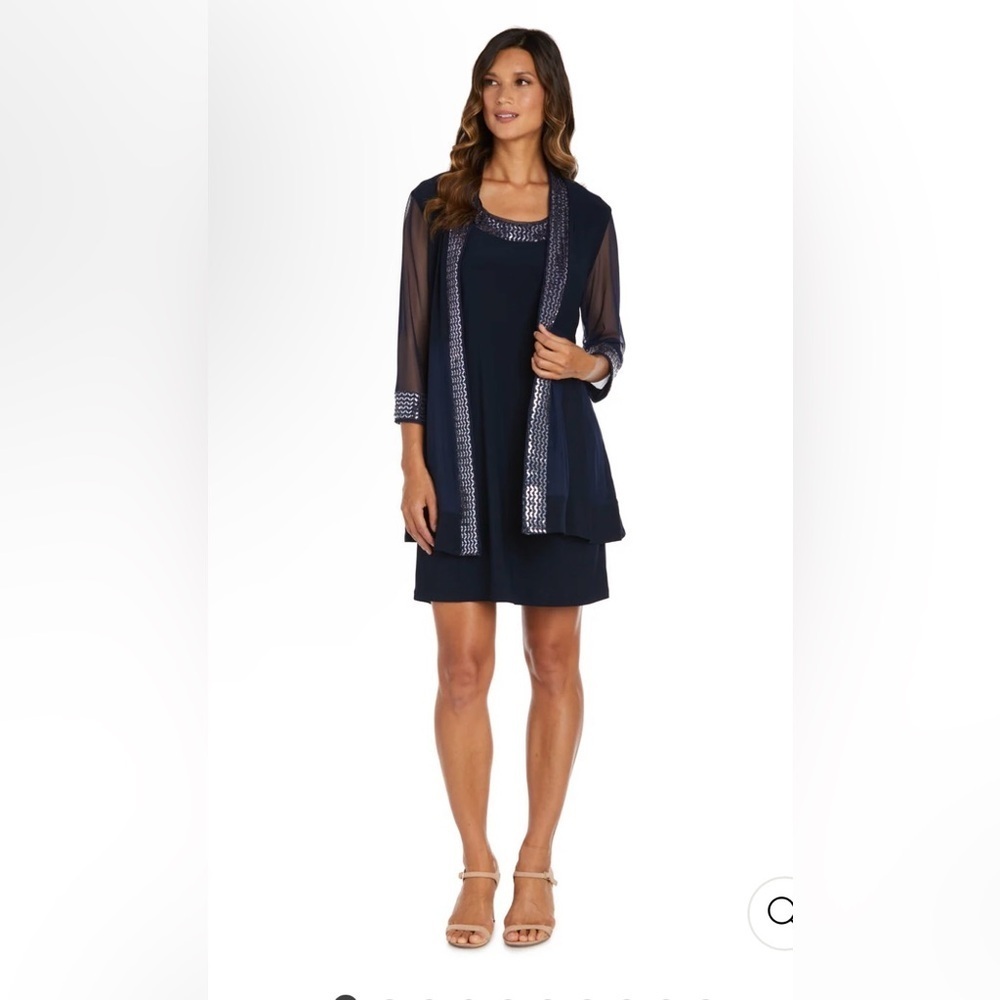 Navy Embellished Sheer Sleeve Dress